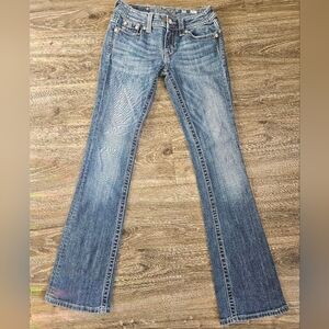 Miss Me Signature Boot Cut Jeans Embellished Flap Pockets Rhinestone Y2K Western